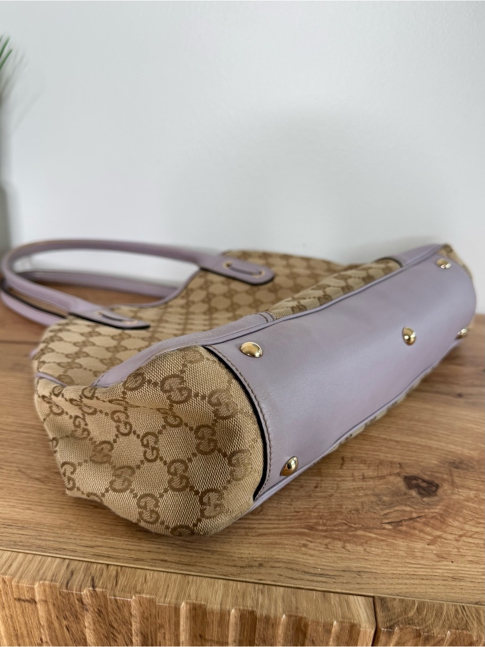 Authentic Gucci GG Monogram Canvas Princy Tote Beige Purple Leather Shoulder Bag - Picture 8 of 16